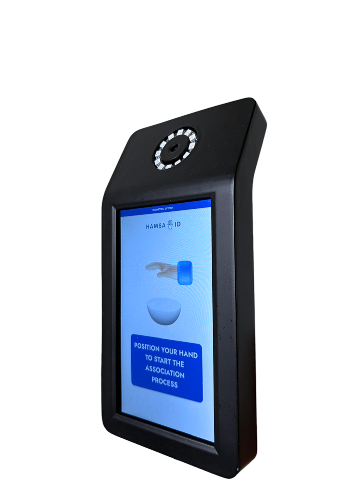 The HamsaID terminal: a wall-mounted unit with a near-infrared sensor above a screen reading "position your hand to start"
